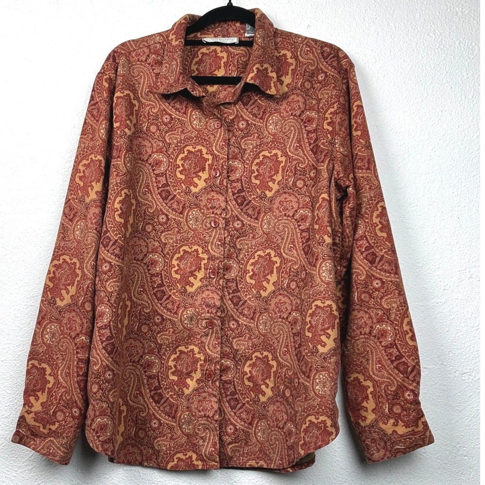 Lemon Grass Rust Paisley Button Up Top - Large - Long Sleeve Boho Earthy Retro